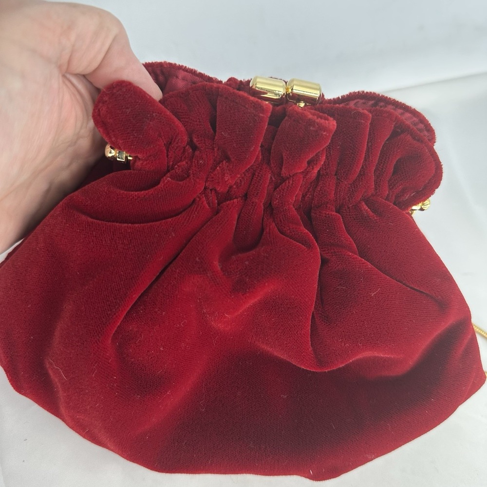 Vintage Bechamel Crushed Red Velvet Evening Bag Long Gold Tone Chain Hinged